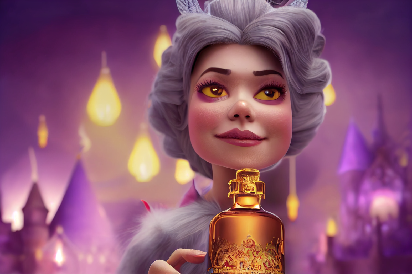 Extreme facial closeup of a fairy godmother facing the camera and holding a bottle of love potion. Interior. Castle. Night. Torches in the background. Fantasy. Hairy. Pixar style. Artstation style. Ray trace and ambient occlusion. Intricate and detailed. Bright Lighting. Front Lighting. Screen Space Global Illumination., 3D, Tone Mapping, insanely detailed and intricate, hypermaximalist, elegant, ornate, hyper realistic, super detailed,