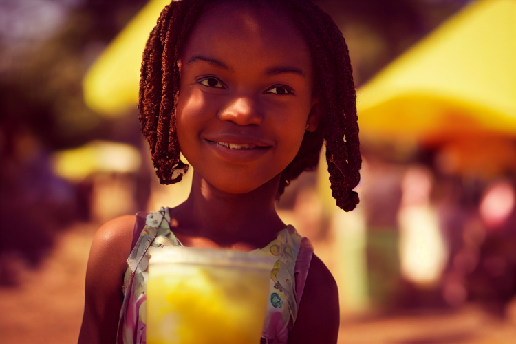 Headshot of little african girl with pigtails hair and she is selling lemonade at a lemonade stand. Afternoon. Hot. Humid. , Color Grading, Fujifilm Superia, Super-Resolution, Sunlight, Hard Lighting, Screen Space Global Illumination, Ray Traced, Ray Tracing Ambient Occlusion, Anti-Aliasing, Tone Mapping, insanely detailed and intricate, hypermaximalist, elegant, ornate, hyper realistic, super detailed,
