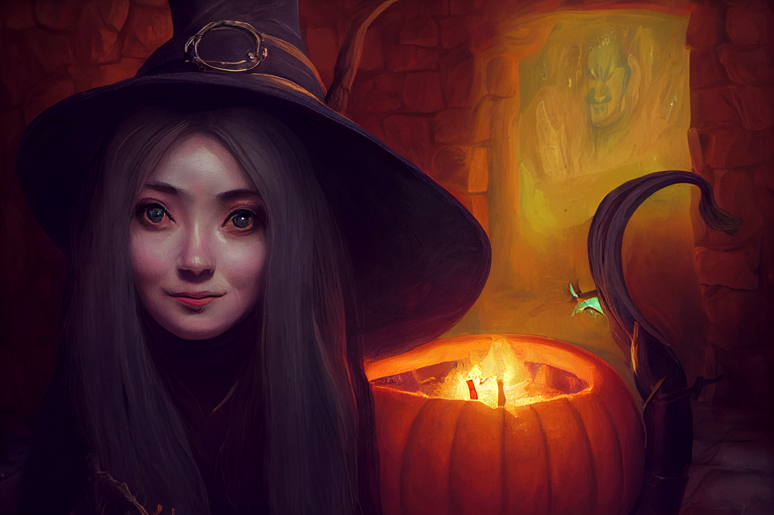 Portrait closeup of The Great Witch of the Northeast. Witch, 50, Cauldron, 25, Fireplace, 12, Halloween, 6, Pumpkins, 3. Interior. Cellar. Disney style. Pixar style. Warm lighting, ArtStation style