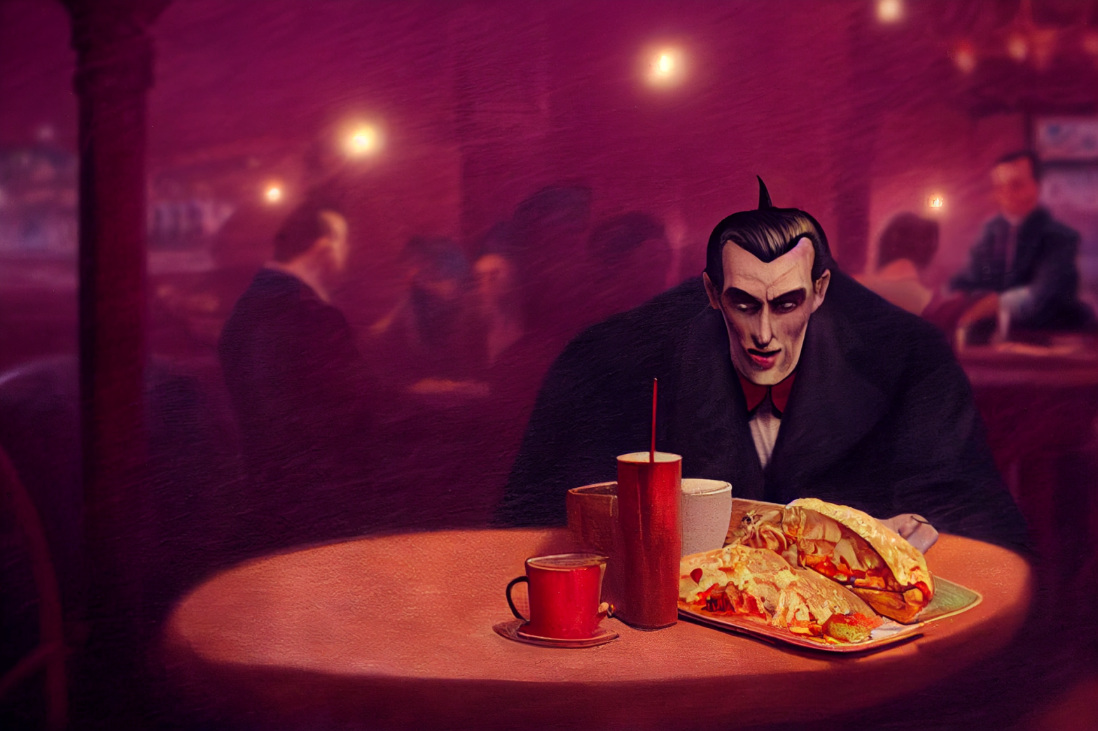 Portrait of Count Dracula sitting at a booth in a diner. Interior. Diner. Many people. Gourmet. Many dishes. Window with rain at sidewalk. Disney style. Pixar style. Photorealistic. Flourescent lights. Artstation style., Light Painting,