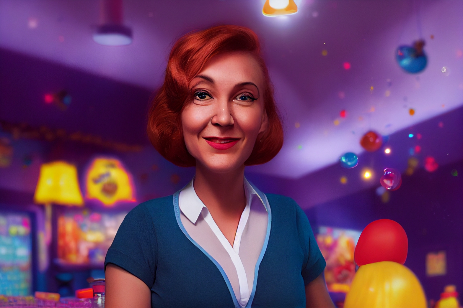 Portrait of Jolene Krumsnitchy, Owner/Operator of JeeBee's Bingo Hall. Bingo, 9, People, 6, Windows, 3, Lamps, 1. Interior. Basement. Night. People in the background. Disney style. Pixar style., Bright, Hard Lighting, Ray Traced, Ray Tracing Ambient Occlusion, Anti-Aliasing, Tone Mapping, insanely detailed and intricate, hypermaximalist, elegant, ornate, hyper realistic, super detailed, ArtStation style