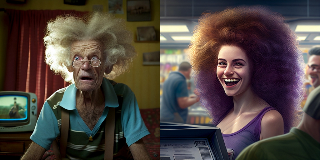 An elderly man and a young female cashier pose for their portrait sporting their really big hairdo